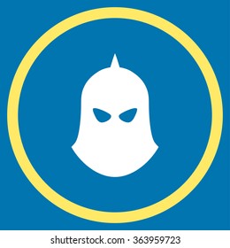 Knight Helmet vector icon. Style is bicolor flat circled symbol, yellow and white colors, rounded angles, blue background.