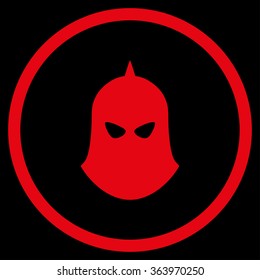 Knight Helmet vector icon. Style is flat circled symbol, red color, rounded angles, black background.