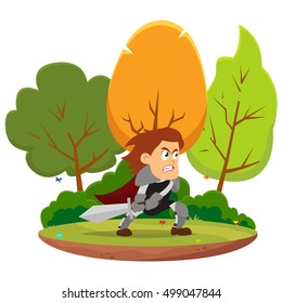 Knight in heroic pose ready to fight. vector illustration.