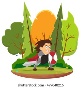 Knight in heroic pose ready to fight. vector illustration.
