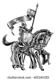 A knight holding a spear or lance with banner flag and shield on the back of horse in a medieval vintage woodcut engraved or etched style