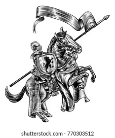 A knight holding a spear or lance with banner flag and shield on the back of a rearing horse. Original illustration in a medieval vintage woodcut engraved or etched style