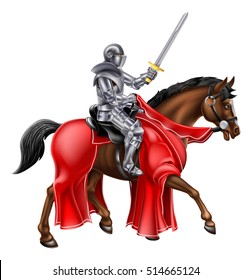 A knight holding a sword aloft while riding his horse