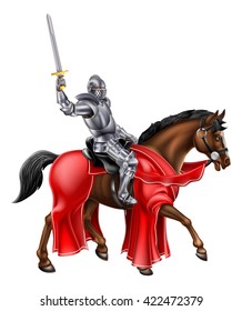 A knight holding a sword on the back of a brown horse