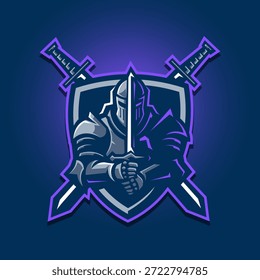 Knight holding sword in shield logo design for esports or gaming 