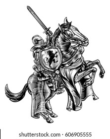 A knight holding a sword and shield on the back of a rearing horse. Original illustration in a medieval vintage woodcut engraved or etched style