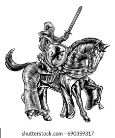 A knight holding a sword and shield on the back of horse in a medieval vintage woodcut engraved or etched style