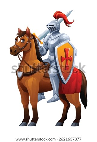 Knight holding sword and shield on a horse, prepared for battle. Vector cartoon illustration