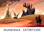 Knight with horse against the dragon. Vector fantasy landscape illustration