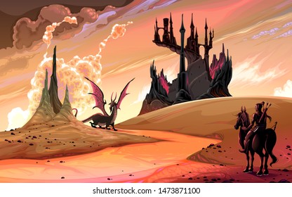 Knight With Horse Against The Dragon. Vector Fantasy Landscape Illustration