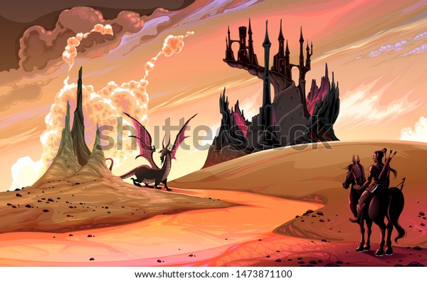 ドラゴンに対して騎士と馬 ベクターファンタジーの風景イラスト のベクター画像素材 ロイヤリティフリー