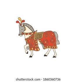 Knight horse covered with a colorful blanket and taking part in a tournament. Vector illustration of a medieval battle horse in a helmet and harness. Chivalry and crusade concept.