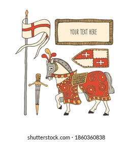 Knight horse covered with a colorful blanket and taking part in a tournament. Medieval armor including shield, sword, flag. Vector illustration of medieval battle horse. Chivalry and crusade concept