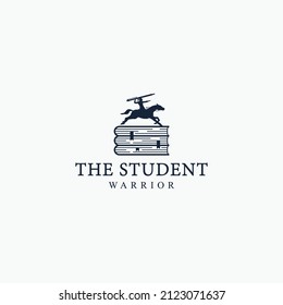 Knight horse holding pen with books vector illustration, study hard student warrior logo icon design concept 