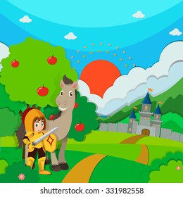 Knight and horse on the land illustration