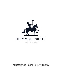 Knight Horse Rider Holding Hammer Weapon Logo Design Concept. Vector Illustration