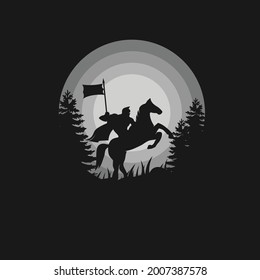Knight with Horse Silhouette Vector Illustration Logo Designs, Knight Logo, Sunrise and sunset. Landscape wallpaper. Illustration vector style. Colorful view background