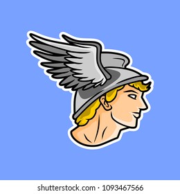 knight icon, helmet flying hermes god historical vector illustration, ancient greece