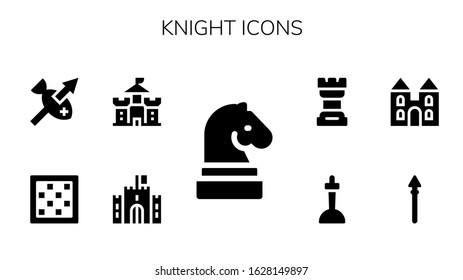 knight icon set. 9 filled knight icons.  Simple modern icons such as: Chess, Castle, Chess board, Spear, Excalibur