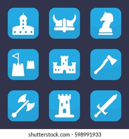 knight icon. Set of 9 filled knight icons such as castle, horse chess, castle tower, sword, helmet