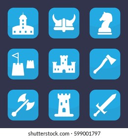 knight icon. Set of 9 filled knight icons such as castle, horse chess, castle tower, sword, helmet