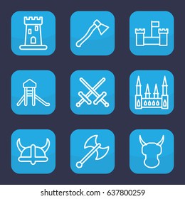 Knight icon. set of 9 outline knight icons such as castle, helmet, axe weapon