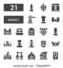 knight icon set. Collection of 21 filled knight icons included Tower, Castle, Shrine remembrance, Viking helmet, Knight, Pawn, Chess, Viking, Warrior, Medieval walls, Rook, Hammer game