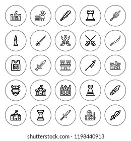 Knight icon set. collection of 25 outline knight icons with armor, bishop, chess piece, castle, dagger, knight, lance, mace, rook, sabre, spear, viking icons. editable icons.