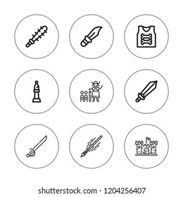 Knight icon set. collection of 9 outline knight icons with armor, bishop, castle, dagger, mace, saber, spear, viking icons. editable icons.
