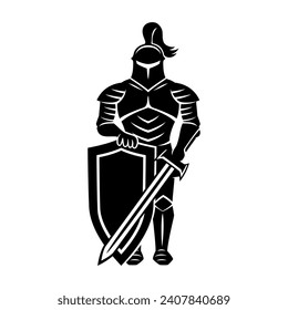 Knight icon with shield and sword on white background.