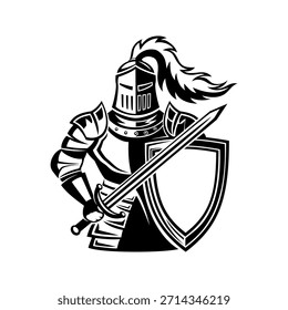 Knight icon with shield and sword on white background.	