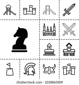 Knight icons. set of 13 editable outline knight icons such as horse chess, castle, castle tower, knight, sword