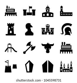 Knight icons. set of 16 editable filled knight icons such as castle, chess horse, sword, castle tower, knight, axe weapon