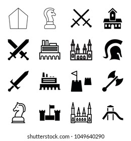 Knight icons. set of 16 editable filled and outline knight icons such as sword, castle, castle tower, knight, axe weapon, horse chess