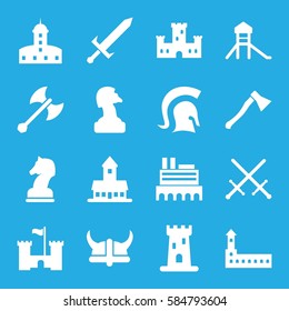 knight icons set. Set of 16 knight filled icons such as castle, horse chess, knight, sword, helmet, axe weapon