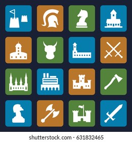Knight icons set. set of 16 knight filled icons such as castle, horse chess, castle tower, knight, sword, axe weapon, chess horse