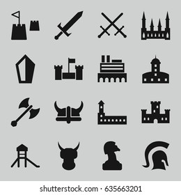 Knight icons set. set of 16 knight filled icons such as castle, castle tower, knight, sword, helmet, axe weapon