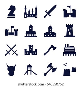 Knight icons set. set of 16 knight filled icons such as castle, horse chess, castle tower, sword, axe weapon