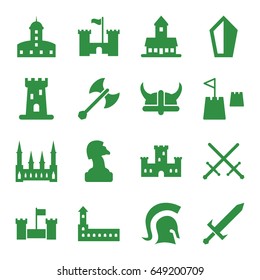 Knight icons set. set of 16 knight filled icons such as castle, castle tower, knight, sword, helmet, axe weapon