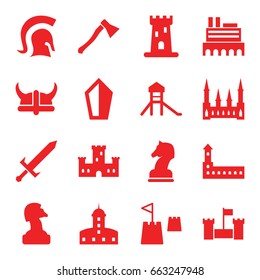 Knight icons set. set of 16 knight filled icons such as castle, horse chess, castle tower, knight, sword, helmet, axe weapon