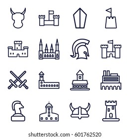 knight icons set. Set of 16 knight outline icons such as castle, castle tower, knight, helmet, sword
