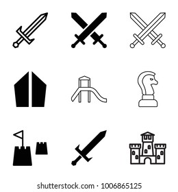 Knight icons. set of 9 editable filled and outline knight icons such as castle tower, sword, castle