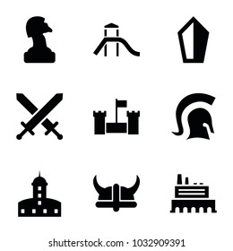 Knight icons. set of 9 editable filled knight icons such as castle, chess horse, sword, knight