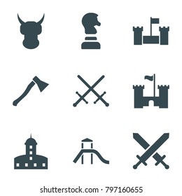 Knight icons. set of 9 editable filled knight icons such as castle, sword, helmet, axe weapon