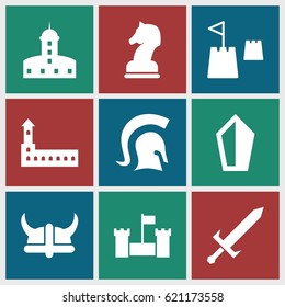 Knight icons set. set of 9 knight filled icons such as castle, horse chess, castle tower, knight, sword