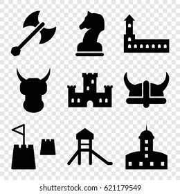 Knight icons set. set of 9 knight filled icons such as castle, horse chess, castle tower, helmet