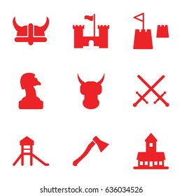 Knight icons set. set of 9 knight filled icons such as castle, castle tower, helmet, axe weapon, chess horse