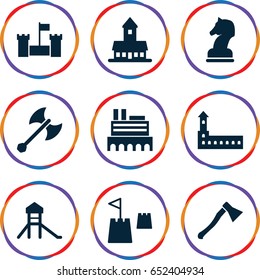 Knight icons set. set of 9 knight filled icons such as castle, horse chess, castle tower
