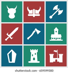 Knight icons set. set of 9 knight filled icons such as castle, sword, helmet