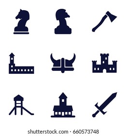 Knight icons set. set of 9 knight filled icons such as castle, horse chess, sword, helmet, axe weapon